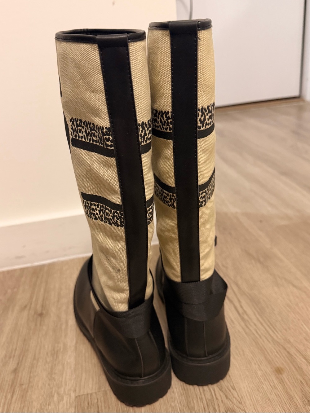 Dior Black Leather & Beige Canvas Knee Boots with 'Miss Dior' Print - Picture 6 of 9